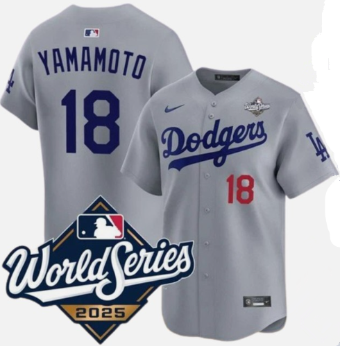 Men's Los Angeles Dodgers #18 Yoshinobu Yamamoto Gray 2025 World Series Limited Stitched Baseball Jersey