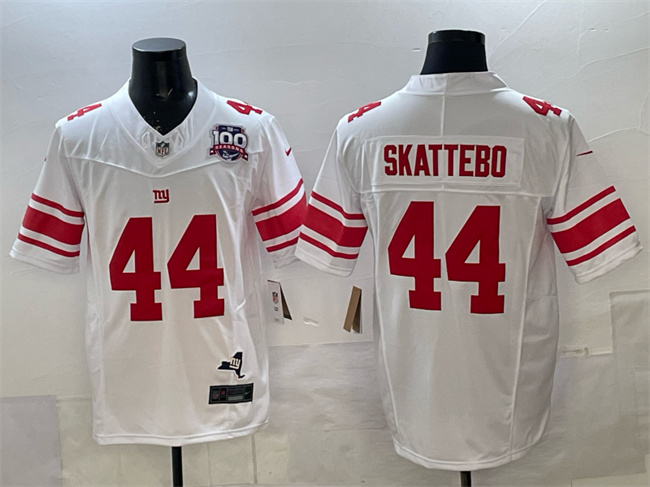 Men's New York Giants #44 Cam Skattebo White 2025 Draft F.U.S.E. 100th Season & State Patch Vapor Limited Stitched Football Jersey