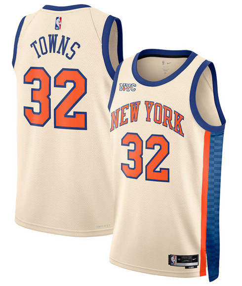 Men's New Yok Knicks #32 Karl-Anthony Towns Cream 2025-26 City Edition Swingman Stitched Basketball Jersey