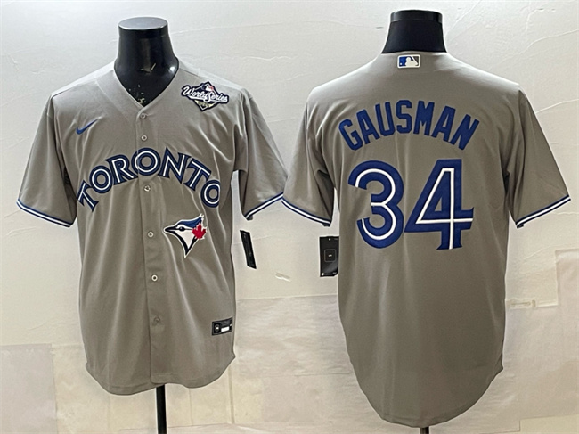 Men's Toronto Blue Jays #34 Kevin Gausman Gray 2025 World Series Cool Base Stitched Baseball Jersey