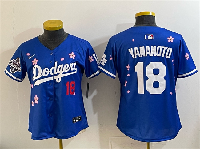 Women's Los Angeles Dodgers #18 Yoshinobu Yamamoto Royal 2025 World Series Champions Patch Tokyo Series Limited Stitched Baseball Jersey(Run Small)