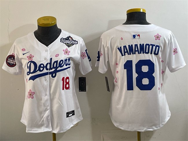 Women's Los Angeles Dodgers #18 Yoshinobu Yamamoto White 2025 World Series Patch Tokyo Series Limited Stitched Baseball Jersey(Run Small)