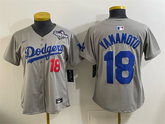 Youth Los Angeles Dodgers #18 Yoshinobu Yamamoto Grey 2025 World Series Patch Limited Stitched Baseball Jersey