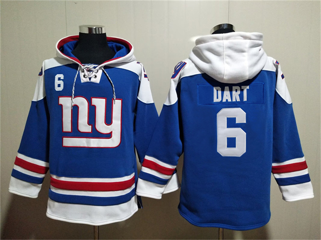 Men's New York Giants #6 Jaxson Dart Blue Ageless Must-Have Lace-Up Pullover Hoodie