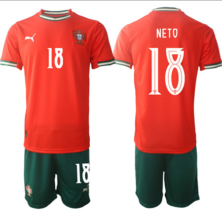 Men's Portugal #18 NETO Home Red 2025-26 Short Sleeve Soccer jerseys