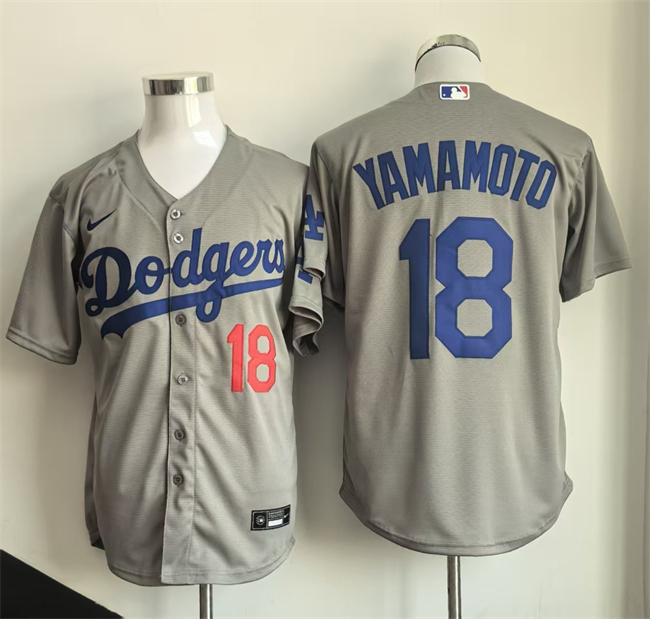 Men's Los Angeles Dodgers #18 Yoshinobu Yamamoto Gray Cool Base Stitched Baseball Jersey