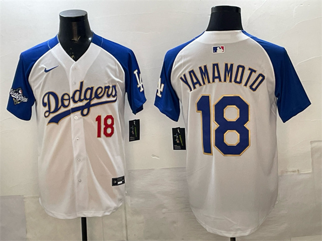 Men's Los Angeles Dodgers #18 Yoshinobu Yamamoto White Royal 2025 World Series Patch Limited Stitched Baseball Jersey