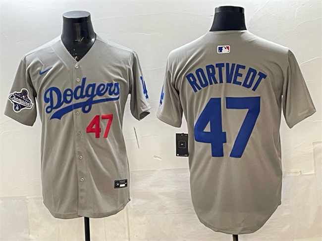 Men's Los Angeles Dodgers #47 Ben Rortvedt Gray 2025 World Series Champions Patch Limited Stitched Baseball Jersey