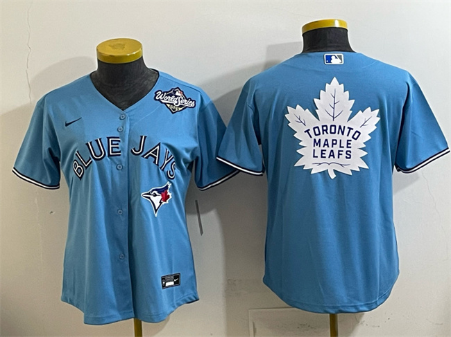 Women's Toronto Blue Jays & Leafs Blue 2025 World Series With White Leafs Logo Cool Base Stitched Baseball Jersey(Run Small)