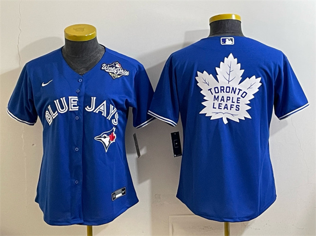 Women's Toronto Blue Jays & Leafs Royal 2025 World Series With White Leafs Logo Cool Base Stitched Baseball Jersey(Run Small)