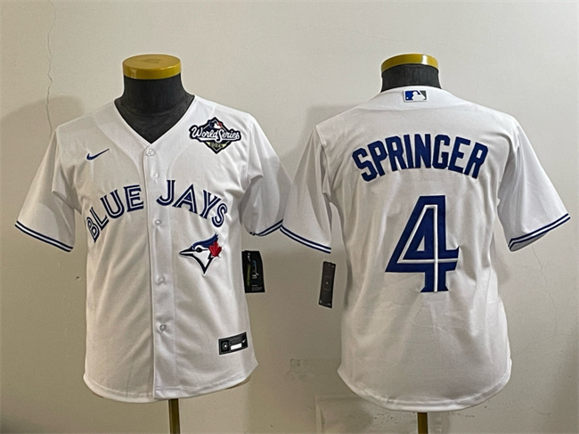 Youth Toronto Blue Jays #4 George Springer White 2025 World Series Cool Base Stitched Baseball Jersey