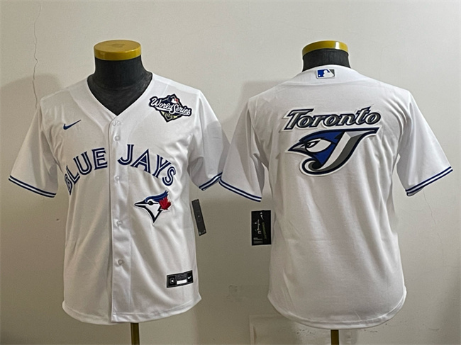 Youth Toronto Blue Jays Team Big Logo White 2025 World Series Home Cool Base Stitched Baseball Jersey