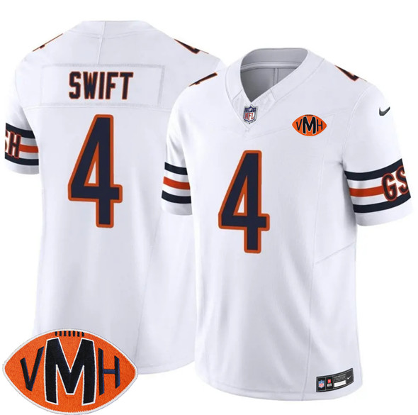 Men's Chicago Bears #4 D'Andre Swift White 2025 F.U.S.E. With Illinois and VMH Patch Vapor Untouchable Limited Football Stitched Jersey