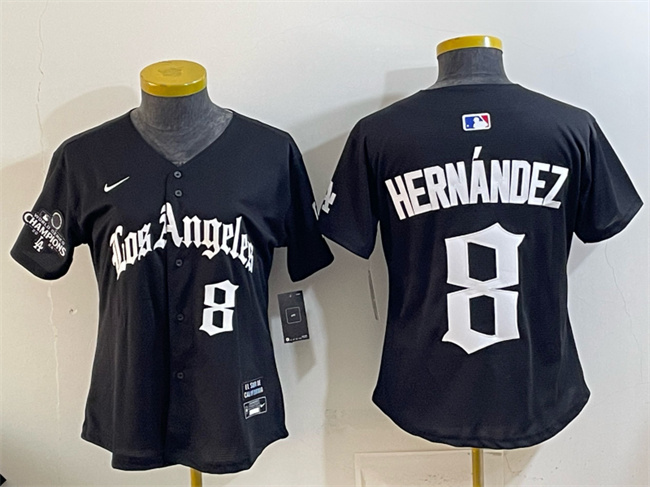 Women's Los Angeles Dodgers #8 Enrique Hernández Black 2025 World Series Champions LA Gothic Edition Limited Stitched Baseball Jersey(Run Small)