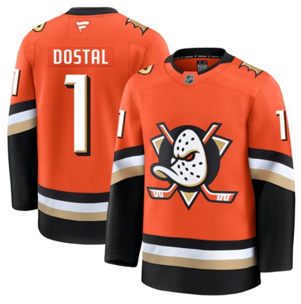 Men'S Anaheim Ducks #1 Lukas Dostal Fanatics Branded 2024-25 Home Orange Premium Stitched Jersey