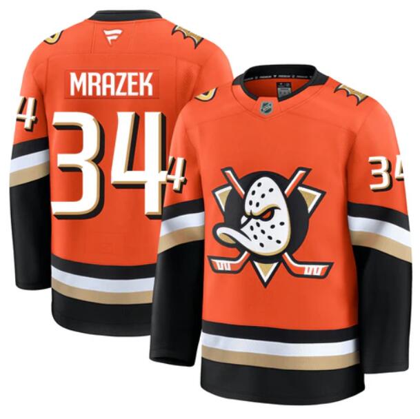 Men'S Anaheim Ducks #34 Petr Mrazek Fanatics Branded 2024-25 Home Orange Premium Stitched Jersey