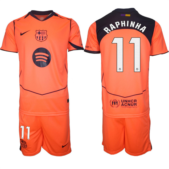 Men's Barcelona #11 RAPHINHA 2025-26 Third Orange Away Suit Soccer Jerseys