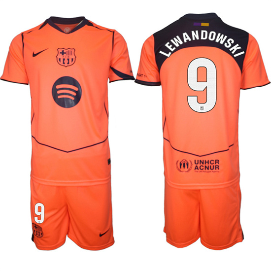 Men's Barcelona #9 LEWANDOWSKI 2025-26 Third Orange Away Suit Soccer Jerseys