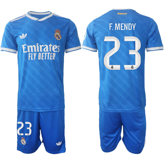 Men's Real Madrid #23 F.MENDY 2025-26 Third Blue Adidas Soccer Suit Jerseys