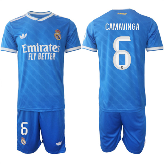 Men's Real Madrid #6 CAMAVINGA 2025-26 Third Blue Adidas Soccer Suit Jerseys