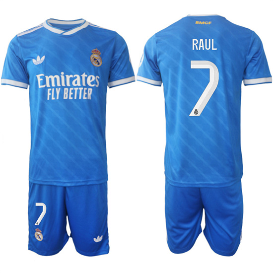 Men's Real Madrid #7 RAUL 2025-26 Third Blue Adidas Soccer Suit Jerseys