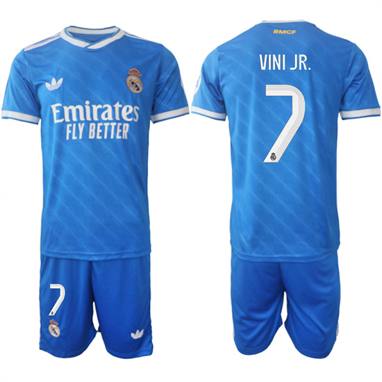 Men's Real Madrid #7 VINI JR. 2025-26 Third Blue Adidas Soccer Suit Jerseys