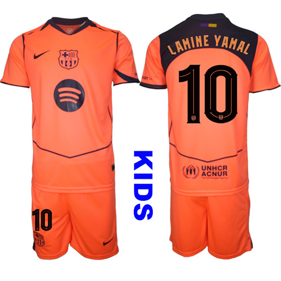 Youth Barcelona #10 LAMINE YAMAL 2025-26 Third Orange Away Suit Kids Soccer Jerseys1