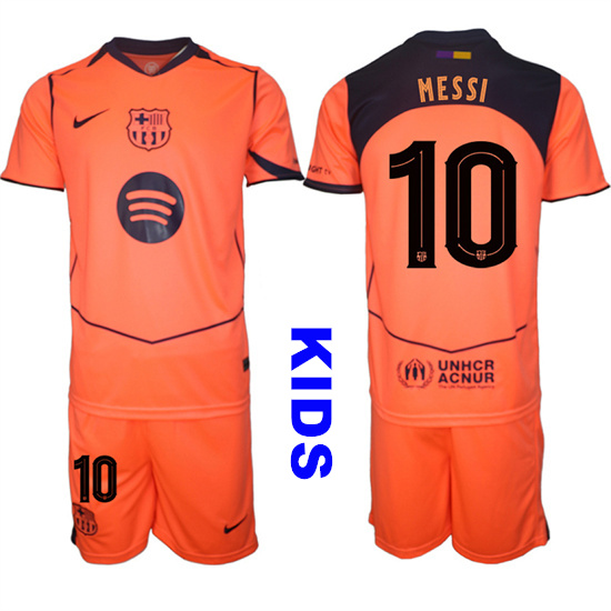 Youth Barcelona #10 MESSI 2025-26 Third Orange Away Suit Kids Soccer Jerseys1