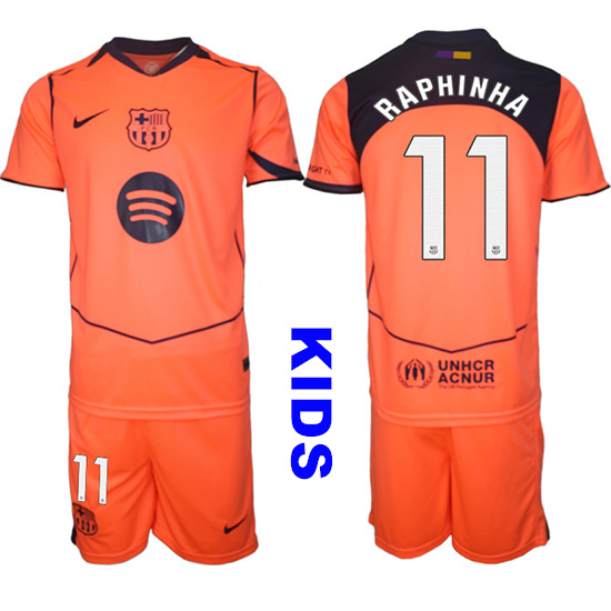 Youth Barcelona #11 RAPHINHA 2025-26 Third Orange Away Suit Kids Soccer Jerseys