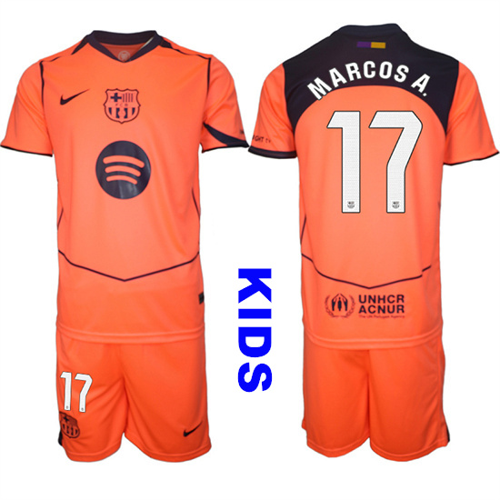 Youth Barcelona #17 MARCOS A. 2025-26 Third Orange Away Suit Kids Soccer Jerseys