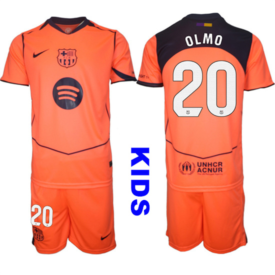 Youth Barcelona #20 OLMO 2025-26 Third Orange Away Suit Kids Soccer Jerseys
