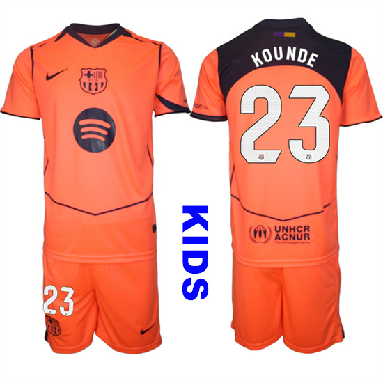 Youth Barcelona #23 KOUNDE 2025-26 Third Orange Away Suit Kids Soccer Jerseys