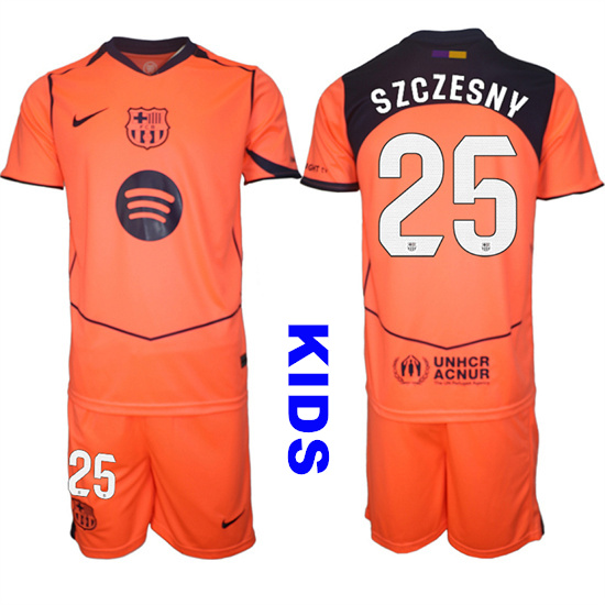 Youth Barcelona #25 SZCZESNY 2025-26 Third Orange Away Suit Kids Soccer Jerseys
