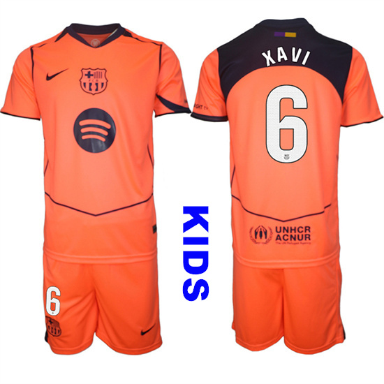 Youth Barcelona #6 XAVI 2025-26 Third Orange Away Suit Kids Soccer Jerseys