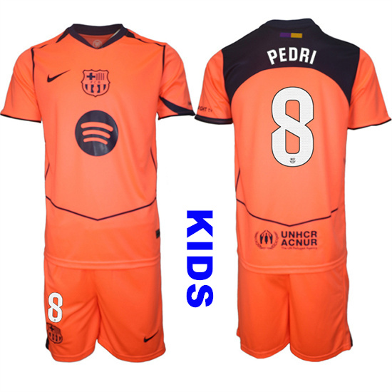 Youth Barcelona #8 PEDRI 2025-26 Third Orange Away Suit Kids Soccer Jerseys