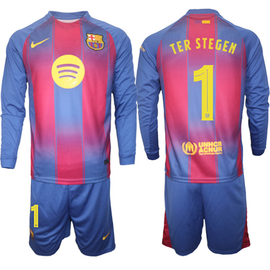 Men's Barcelona #1 TER STEGEN 2025-26 home Long sleeves  Suit Soccer Jerseys1