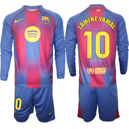 Men's Barcelona #10 LAMINE YAMAL 2025-26 home Long sleeves  Suit Soccer Jerseys