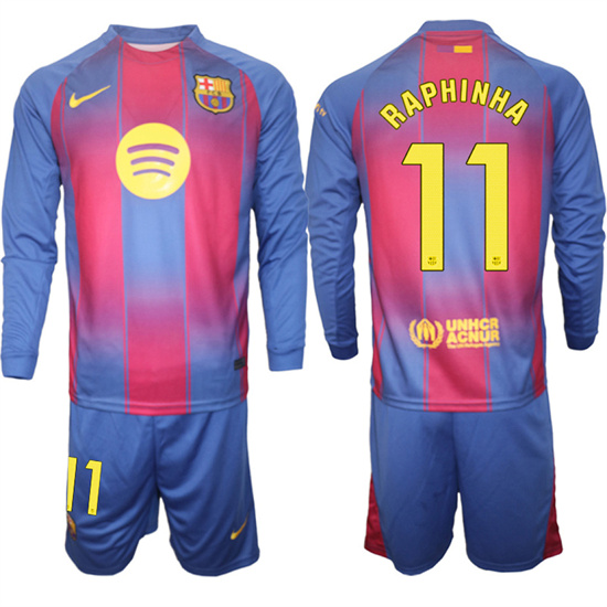 Men's Barcelona #11 RAPHINHA 2025-26 home Long sleeves  Suit Soccer Jerseys