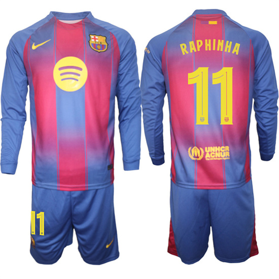 Men's Barcelona #11 RAPHINHA 2025-26 home Long sleeves  Suit Soccer Jerseys1