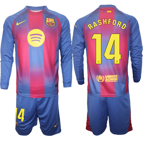 Men's Barcelona #14 RASHFORD 2025-26 home Long sleeves  Suit Soccer Jerseys