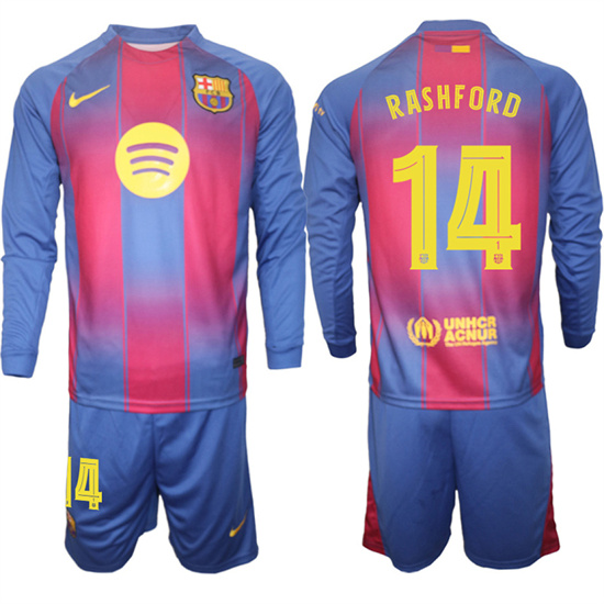 Men's Barcelona #14 RASHFORD 2025-26 home Long sleeves  Suit Soccer Jerseys1