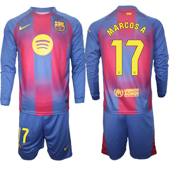 Men's Barcelona #17 MARCOS A. 2025-26 home Long sleeves  Suit Soccer Jerseys