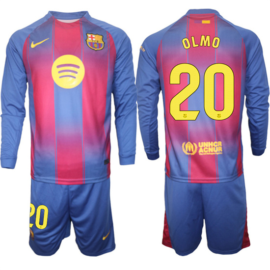 Men's Barcelona #20 OLMO 2025-26 home Long sleeves  Suit Soccer Jerseys