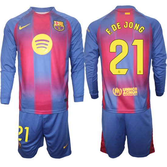 Men's Barcelona #21 F.DE JONG 2025-26 home Long sleeves  Suit Soccer Jerseys