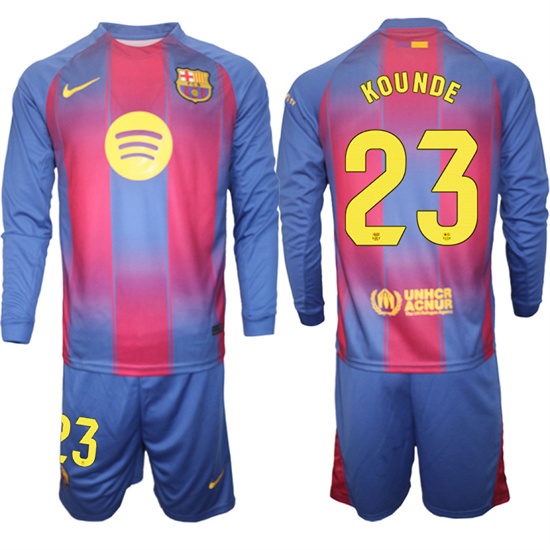 Men's Barcelona #23 KOUNDE 2025-26 home Long sleeves  Suit Soccer Jerseys