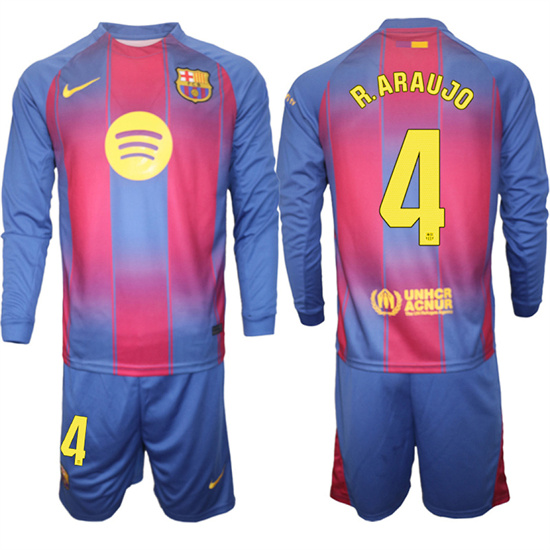 Men's Barcelona #4 R.ARAUJO 2025-26 home Long sleeves  Suit Soccer Jerseys