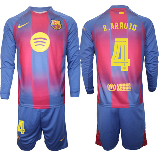 Men's Barcelona #4 R.ARAUJO 2025-26 home Long sleeves  Suit Soccer Jerseys1