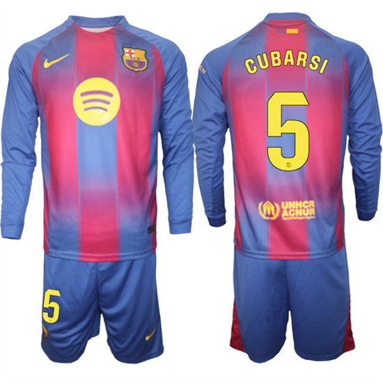 Men's Barcelona #5 CUBARSI 2025-26 home Long sleeves  Suit Soccer Jerseys