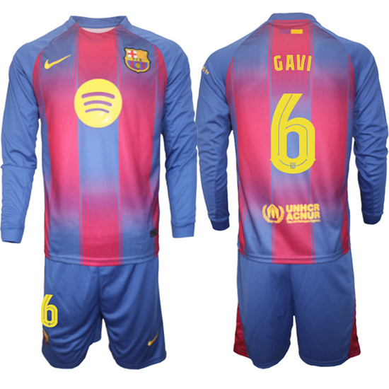 Men's Barcelona #6 GAVI 2025-26 home Long sleeves  Suit Soccer Jerseys1