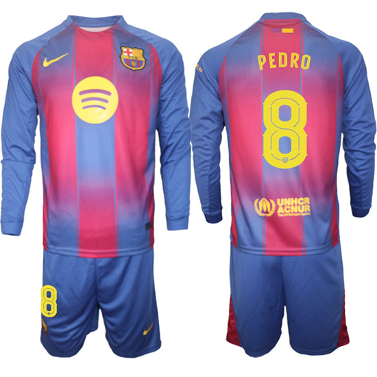 Men's Barcelona #8 PEDRI 2025-26 home Long sleeves  Suit Soccer Jerseys1
